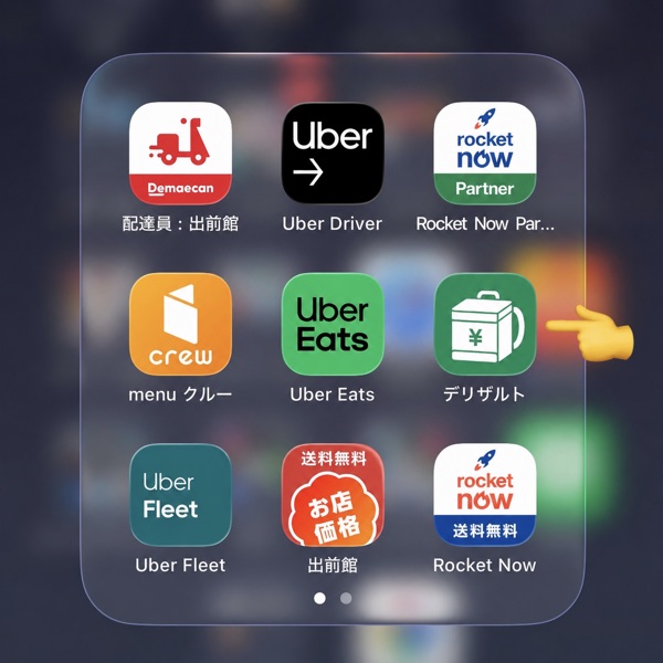 スマホのホーム画面。配達アプリと並んでデリザルトのアイコンが追加されている